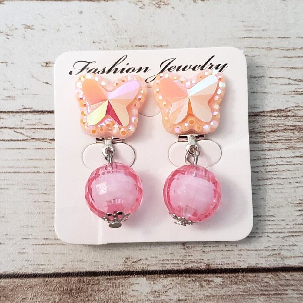 Clip On Earrings - Peach & Pink Butterfly Shape Gem Dangle Drop Earrings - New
